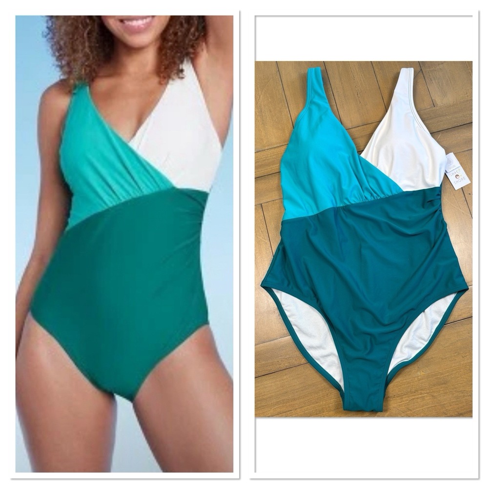 NWT Shade & Shore V-Neck One-Piece Womens Swimsuit Green S Resortwear‎ Vacation